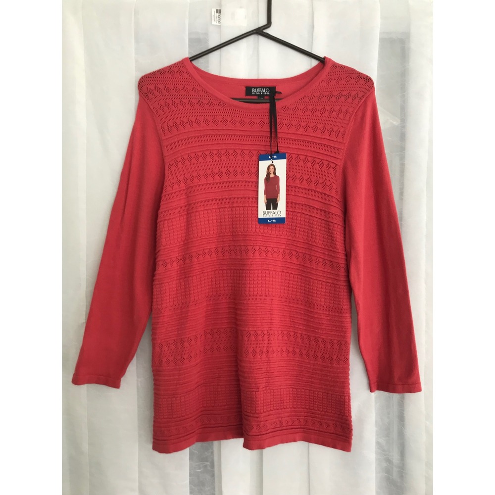 Buffalo David‎ Bitton Womens Coral Pink Pointelle Ribbed Knit Long Sleeve Top L